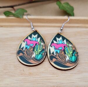 Stamped Horse & Desert Cactus Wooden Earrings